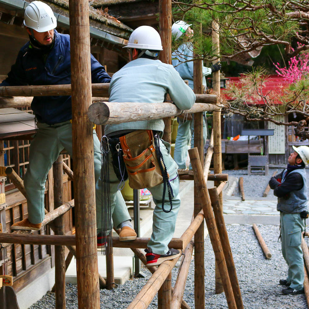 令和のお屋根替え「手際よく組まれていく木製の足場」